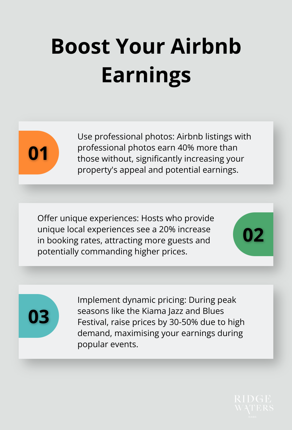 Ordered list chart showing three ways to boost Airbnb earnings: professional photos, unique experiences, and dynamic pricing. - Airbnb hosting