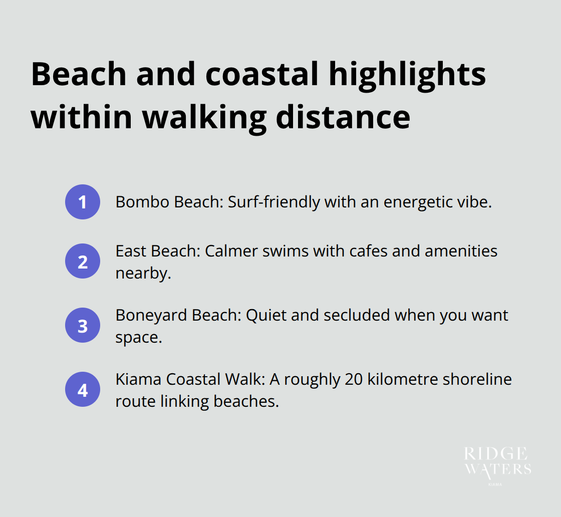 Key walkable coastal highlights near Ridgewaters Kiama, including beaches and the coastal walk. - Beach proximity