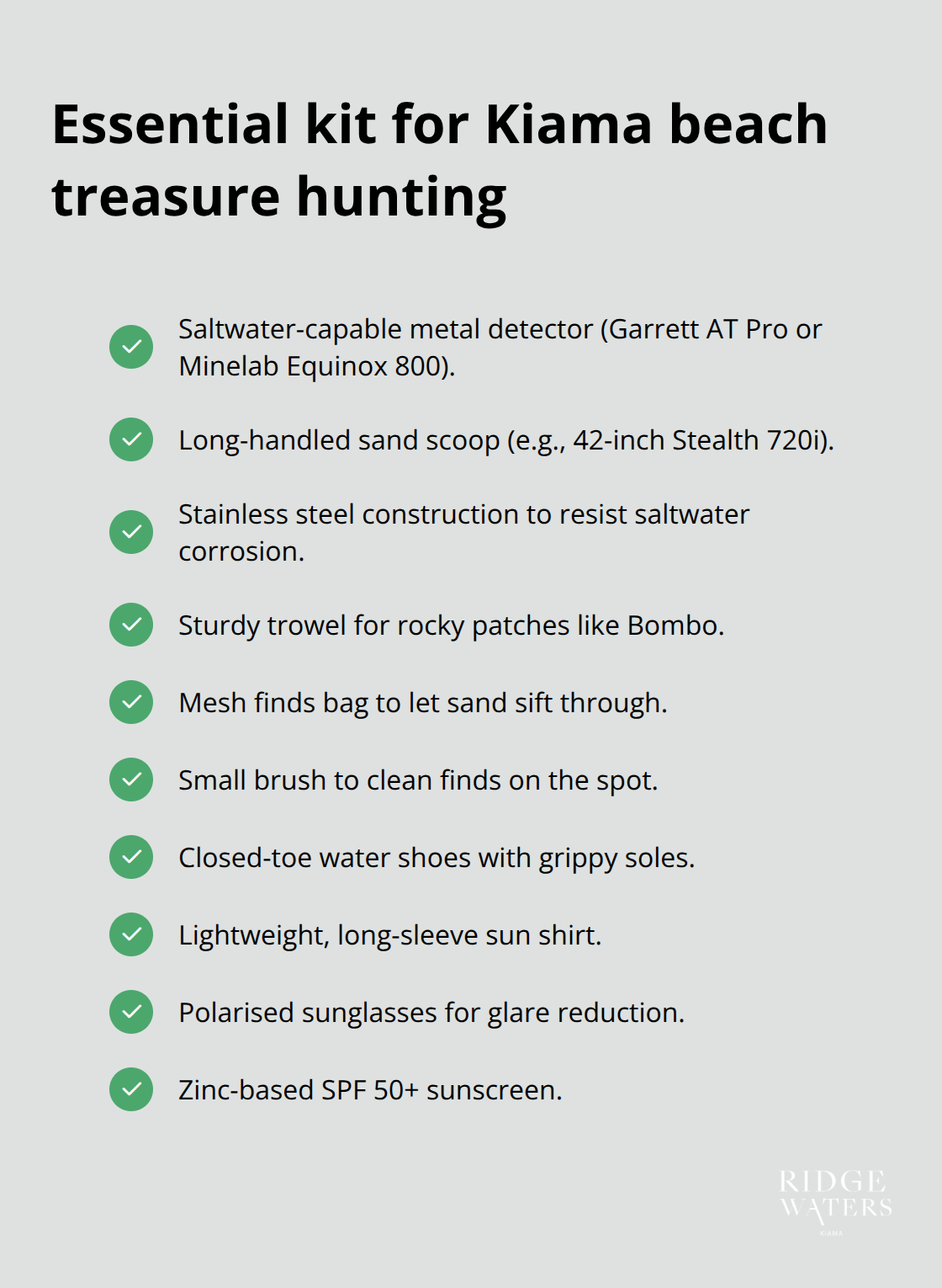Compact checklist of must-have treasure-hunting gear for Kiama’s beaches. - Beachcombing adventures