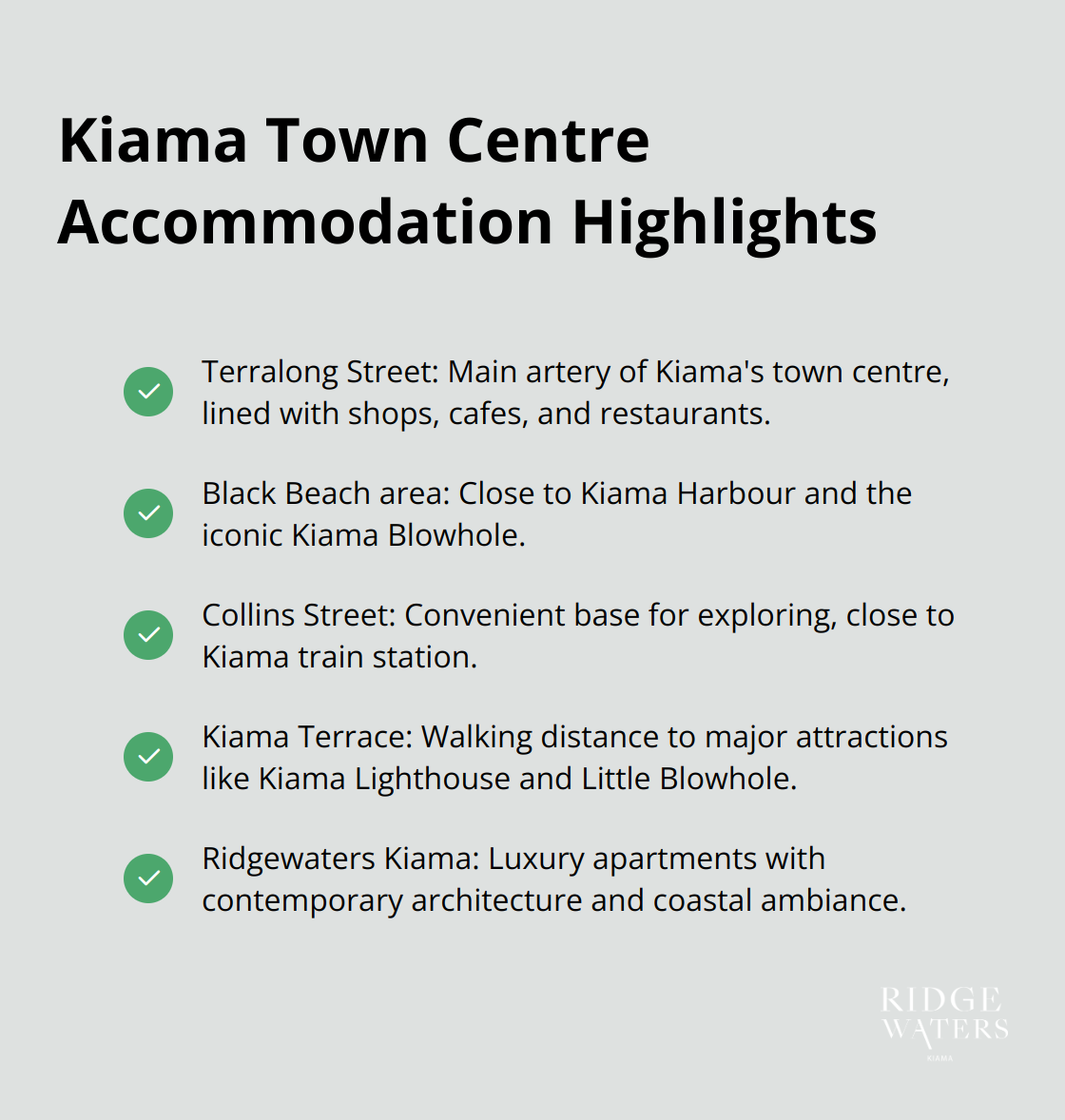 Checkmark list chart highlighting key areas in Kiama's town centre and their proximity to attractions.