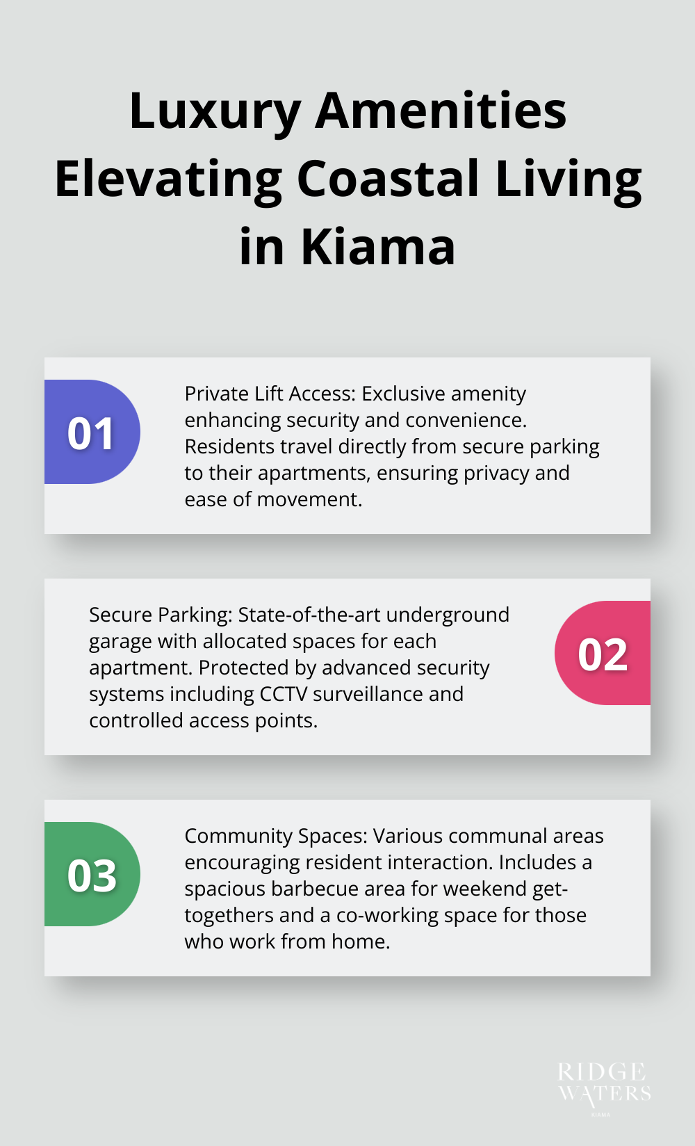 An ordered list chart showing three luxury amenities at Ridgewaters Kiama: Private Lift Access, Secure Parking, and Community Spaces. - Coastal architecture