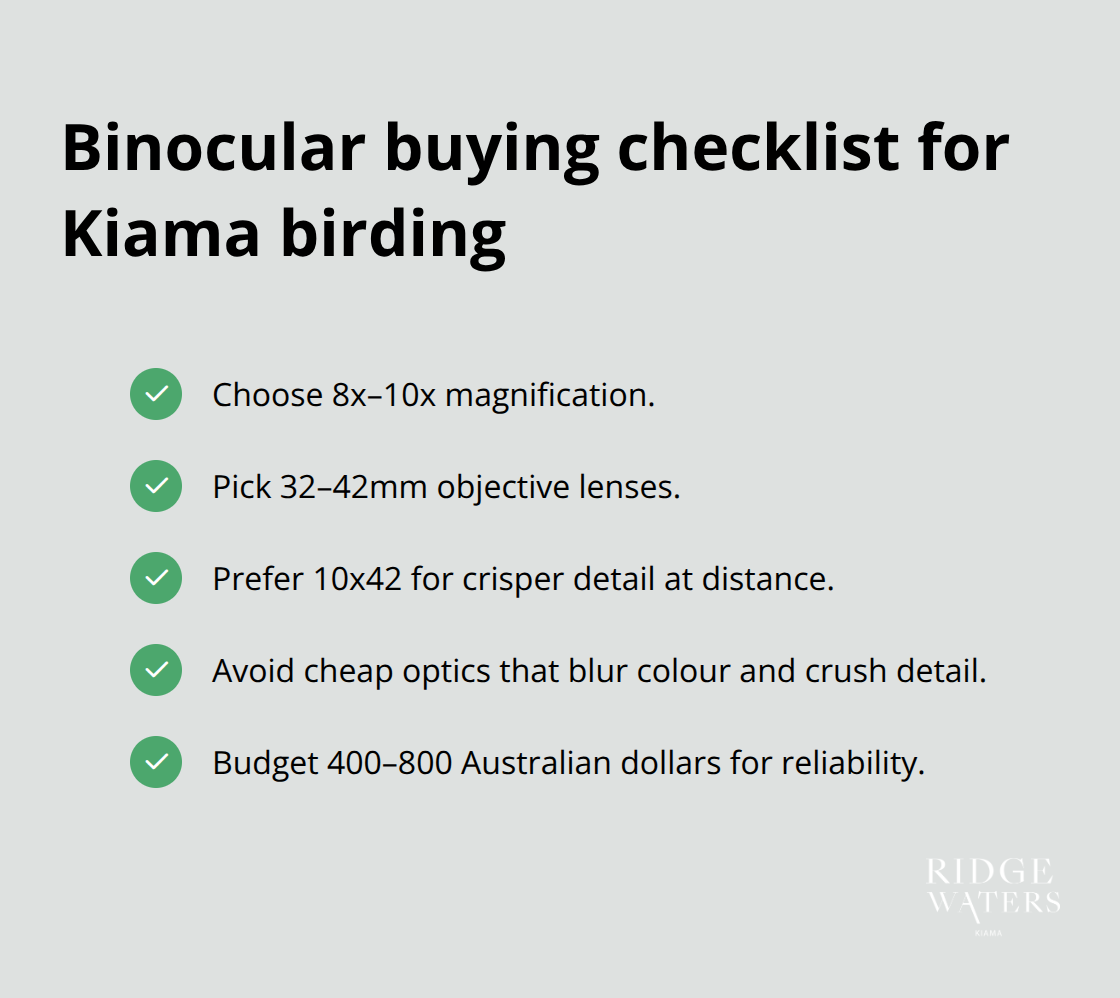 Checkmark list of key binocular features and budget guidance for coastal birdwatching around Kiama. - Coastal birds