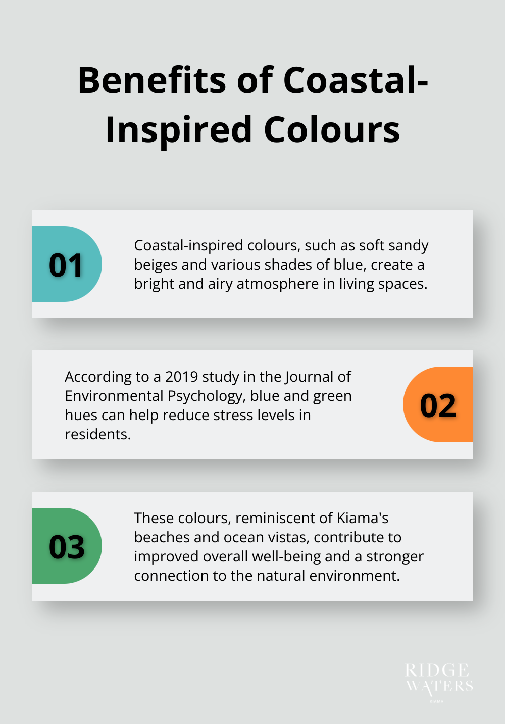 An ordered list chart showing three benefits of coastal-inspired colours: stress reduction, improved well-being, and connection to nature.