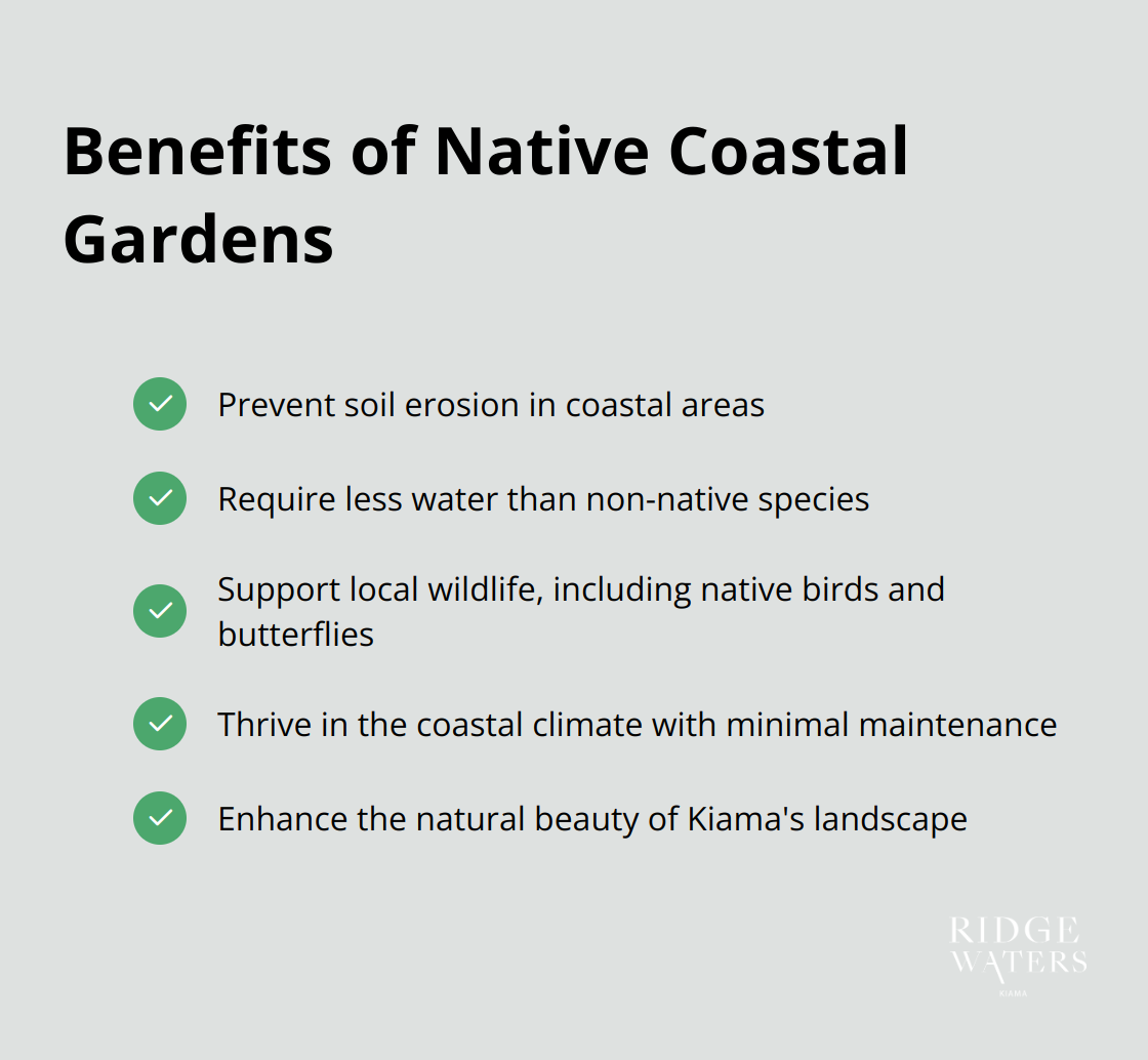 A checkmark list showing five benefits of using native plants in coastal gardens at Ridgewaters Kiama. - Coastal design