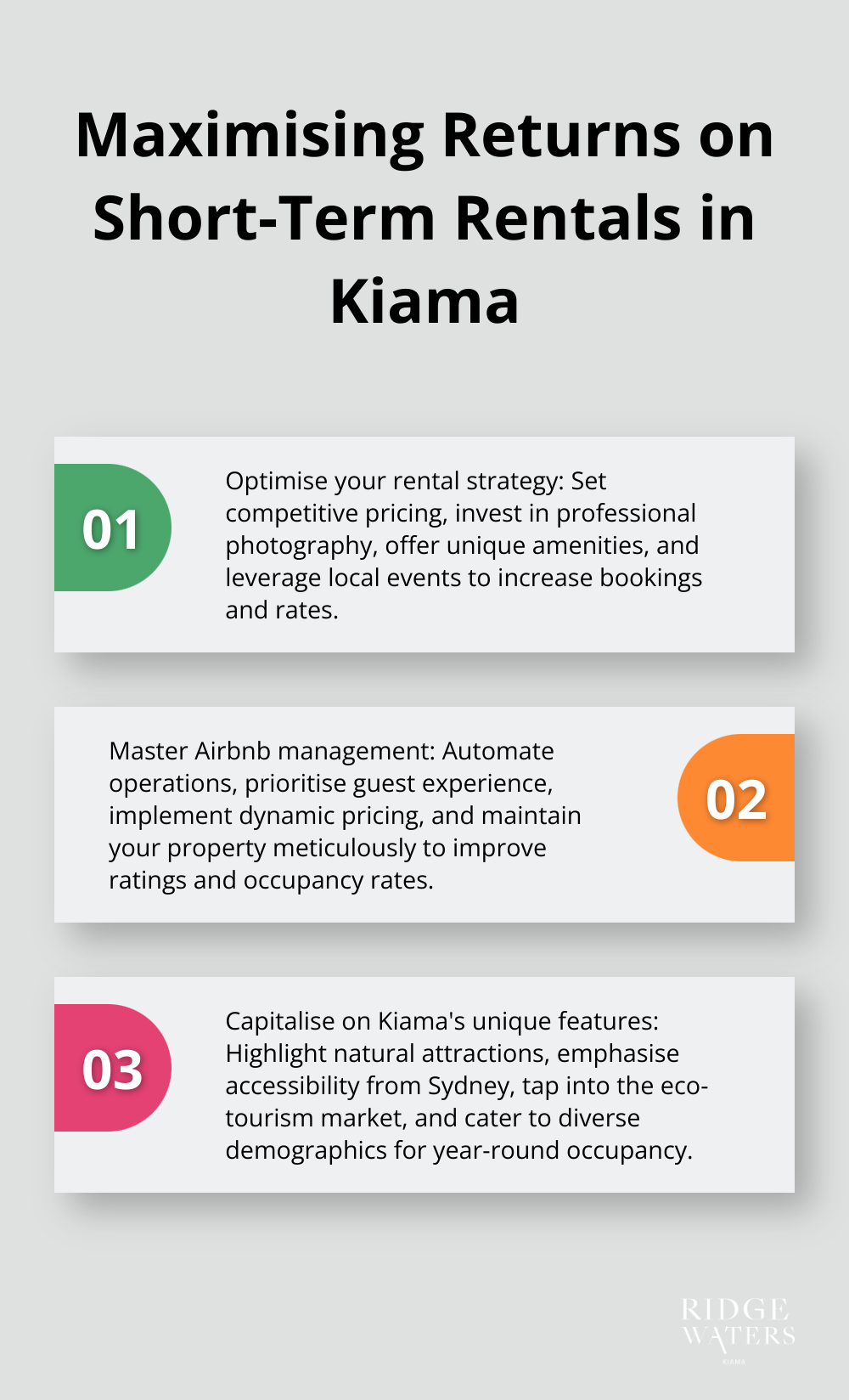 Ordered list chart showing three strategies for maximising returns on short-term rentals in Kiama: optimise rental strategy, master Airbnb management, and capitalise on Kiama's unique features - Coastal investment