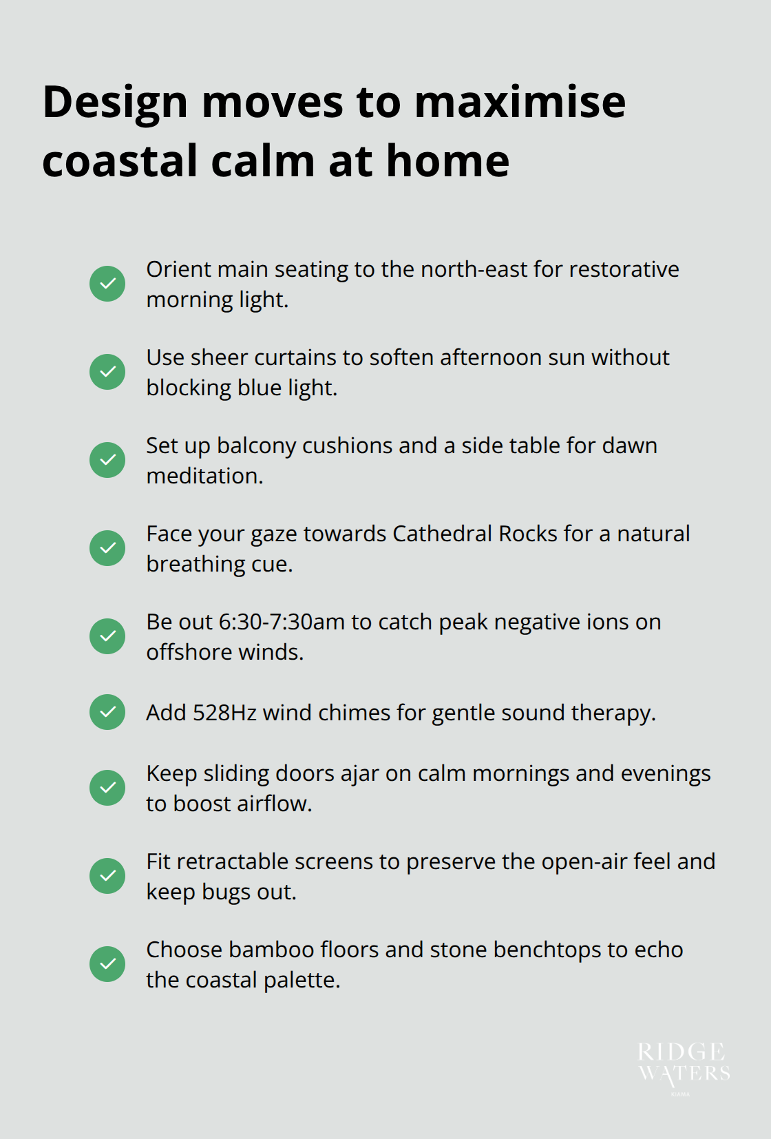 Checklist of coastal home design tips for wellbeing.