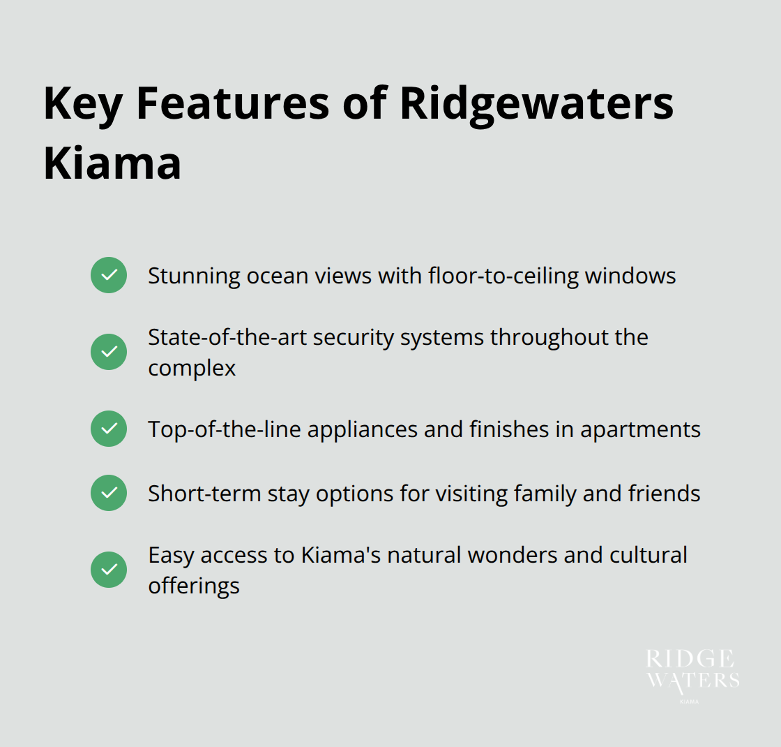 Checkmark list showing key features of Ridgewaters Kiama luxury coastal living - Coastal retirement