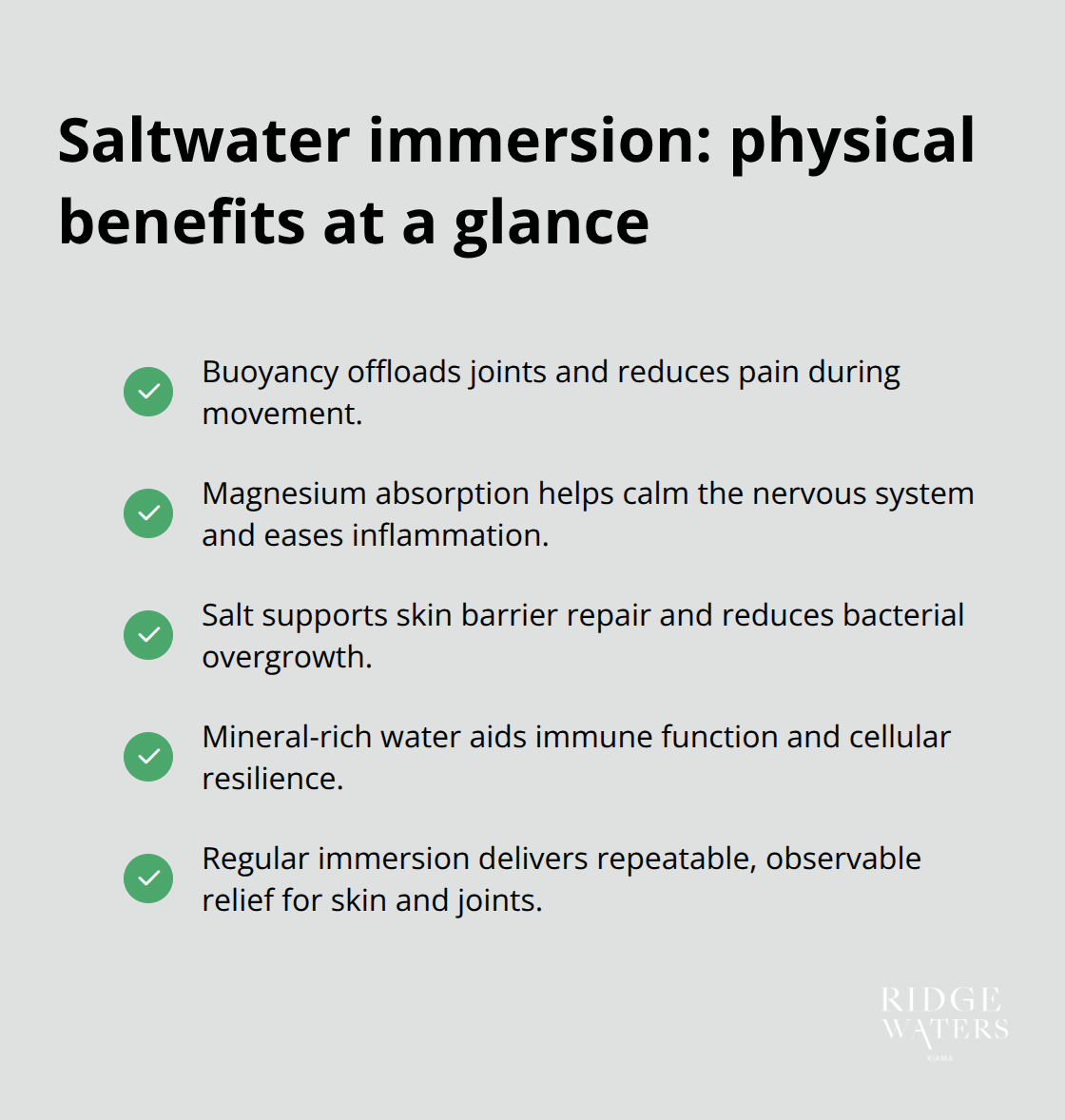 Key physical benefits of regular saltwater immersion for joints, skin, and immunity.