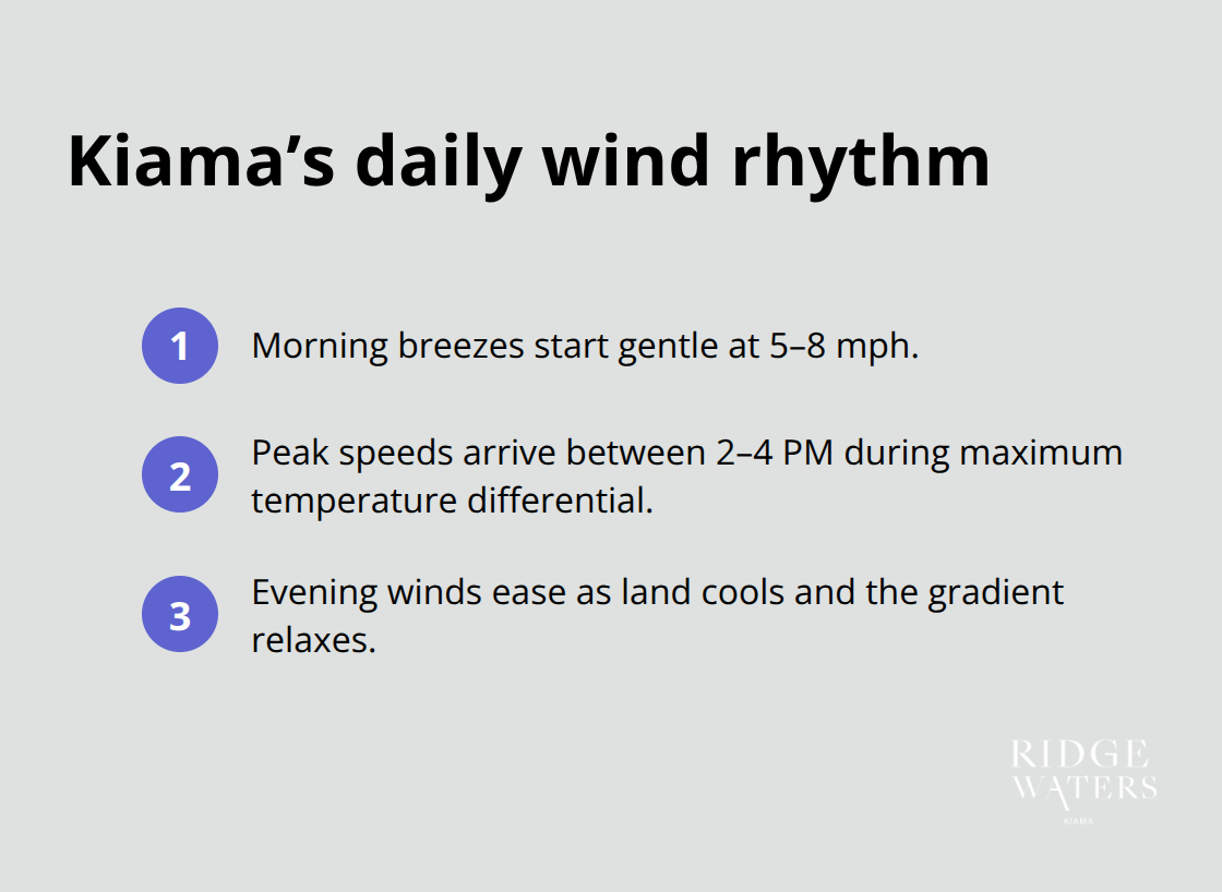 Morning, peak, and evening wind pattern overview for Kiama - Coastal winds