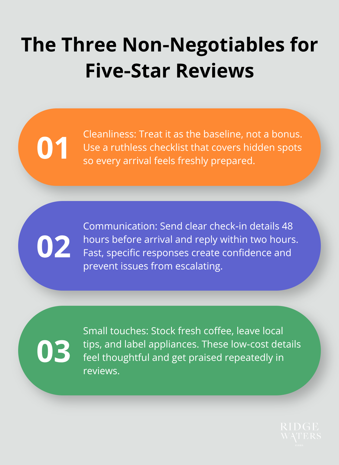 Three-item list outlining cleanliness, communication, and small touches that drive five-star reviews.