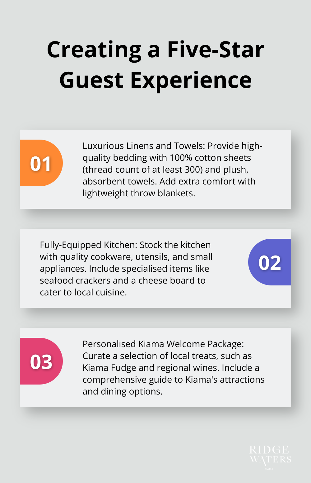 Ordered list chart showing three key elements for creating a five-star guest experience: Luxurious Linens and Towels, Fully-Equipped Kitchen, and Personalised Kiama Welcome Package.