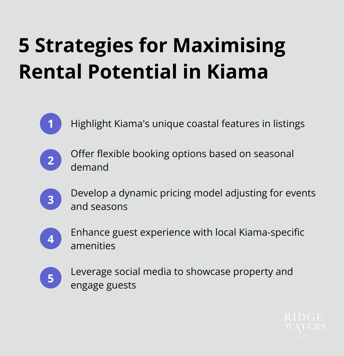 Compact ordered list chart showing 5 strategies for maximising rental potential in Kiama: Highlight coastal features, Offer flexible bookings, Develop dynamic pricing, Enhance with local touches, Leverage social media. - Holiday home