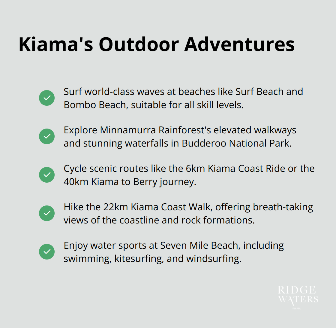A checkmark list of five outdoor activities available in Kiama: surfing, rainforest exploration, cycling, hiking, and water sports. - Kiama attractions