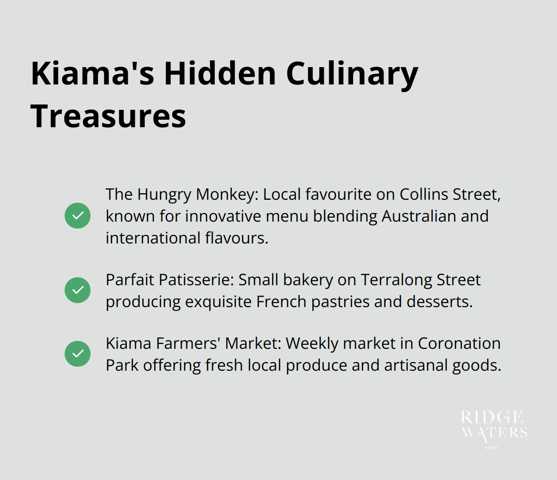 A checkmark list chart highlighting three hidden culinary spots in Kiama: The Hungry Monkey, Parfait Patisserie, and Kiama Farmers' Market - Kiama attractions