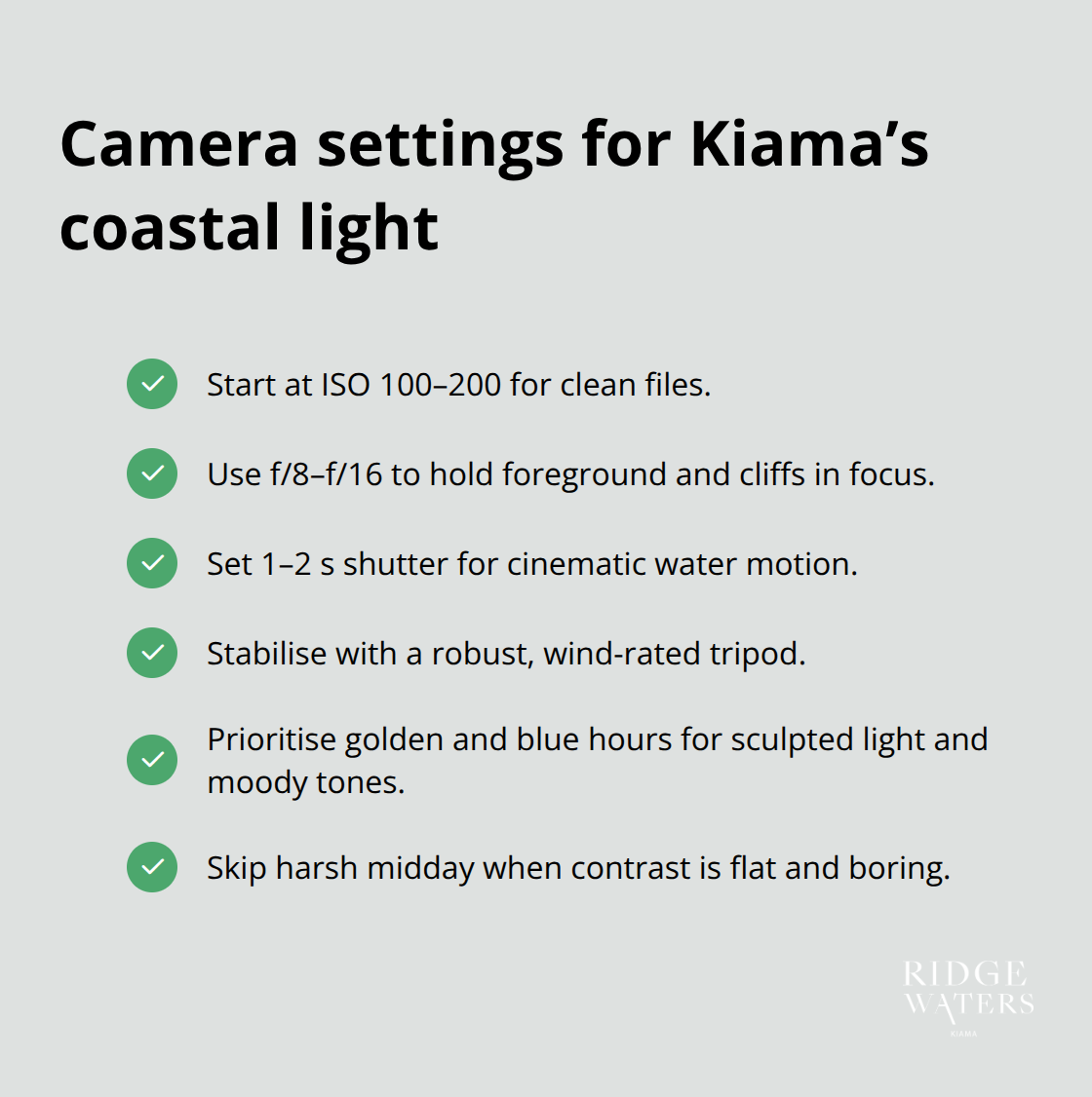 Checklist of recommended camera settings for photographing Kiama’s cliffs - Kiama cliffs