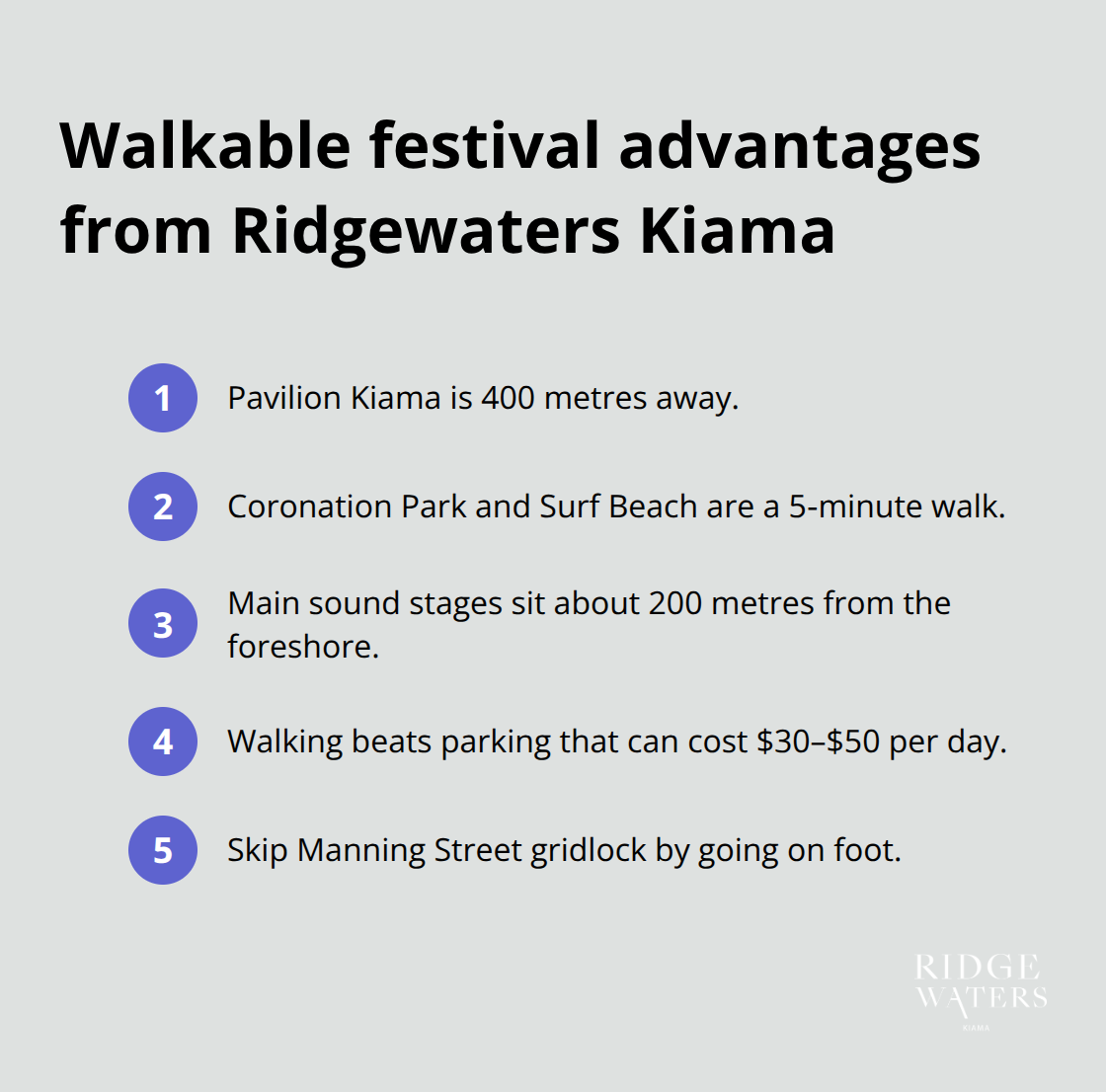 Compact list of distances and cost savings when staying at Ridgewaters Kiama during festivals