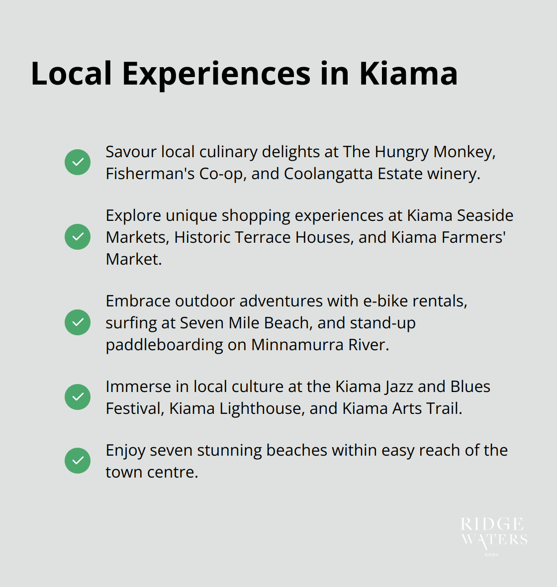 Checkmark list chart showcasing various local experiences available in Kiama, including culinary delights, shopping opportunities, outdoor adventures, and cultural events.
