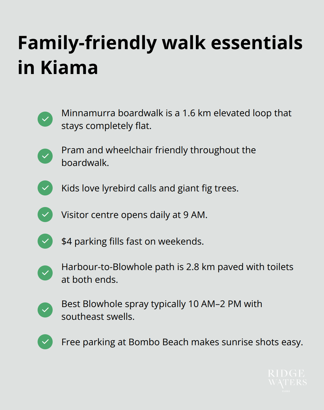 Quick-reference checklist for easy-access walks, facilities, timing and parking around Kiama.