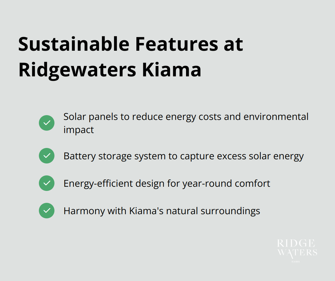 A checkmark list showing sustainable features of Ridgewaters Kiama: solar panels, battery storage system, energy efficiency, and environmental harmony. - Kiama lifestyle