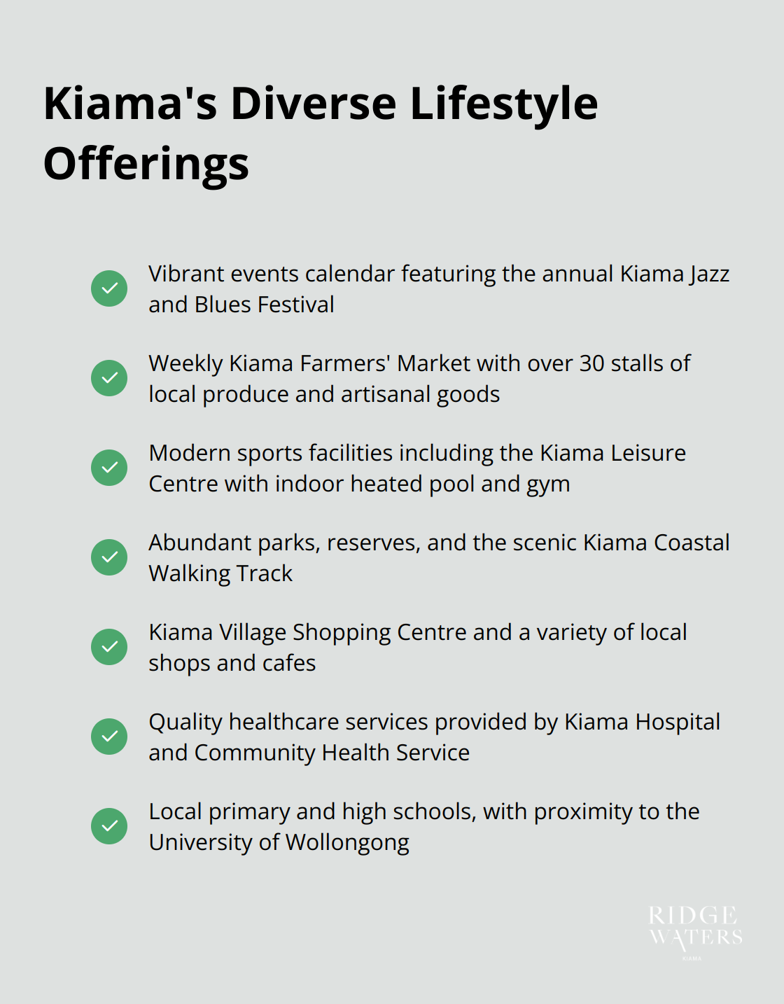 Checkmark list chart showcasing Kiama's diverse lifestyle offerings including events, markets, sports facilities, natural attractions, shopping centres, healthcare, and education. - Kiama lifestyle