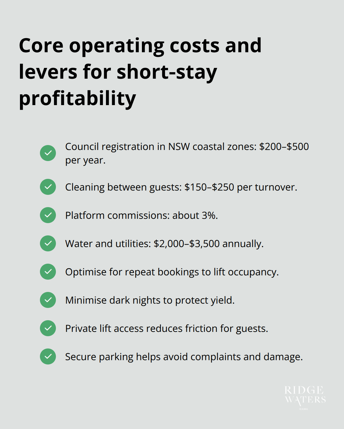Recurring costs and efficiency levers for Kiama short‑term rentals