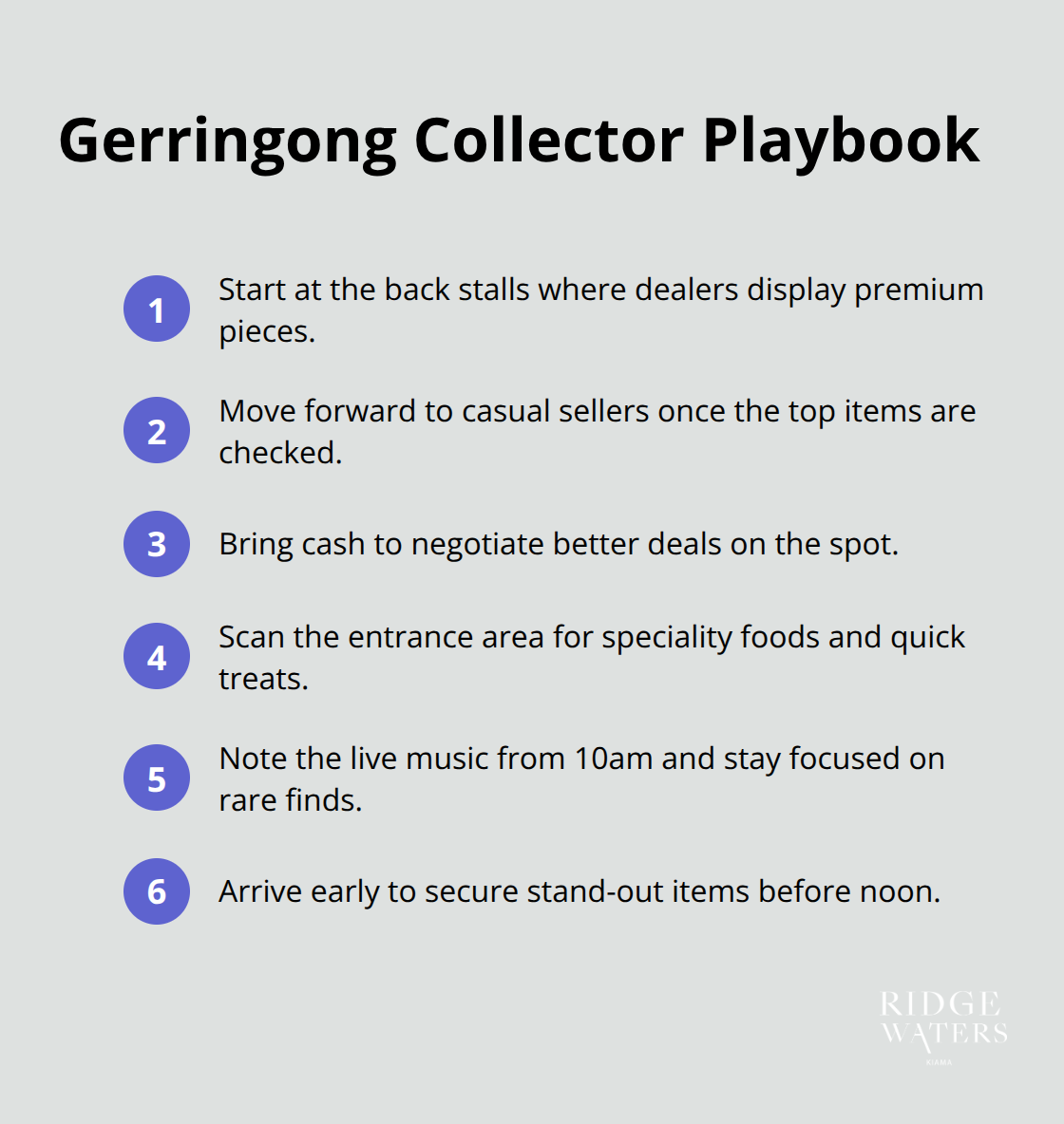 Compact checklist of strategies for scoring the best vintage finds at Gerringong Markets - Kiama markets