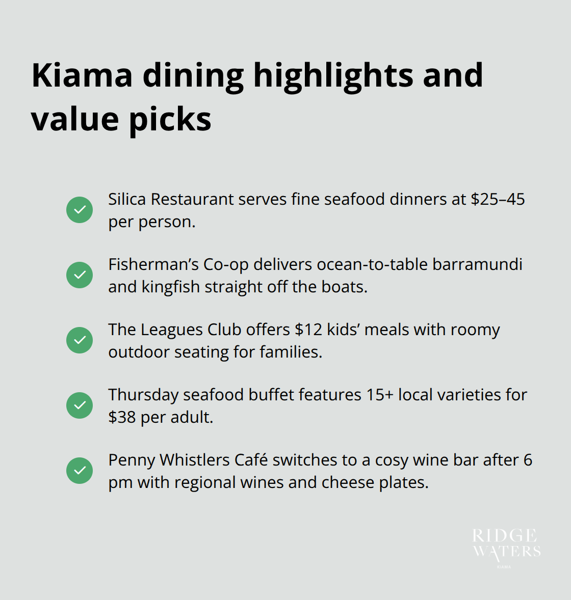 Checklist of Kiama dining highlights, prices and family-friendly options