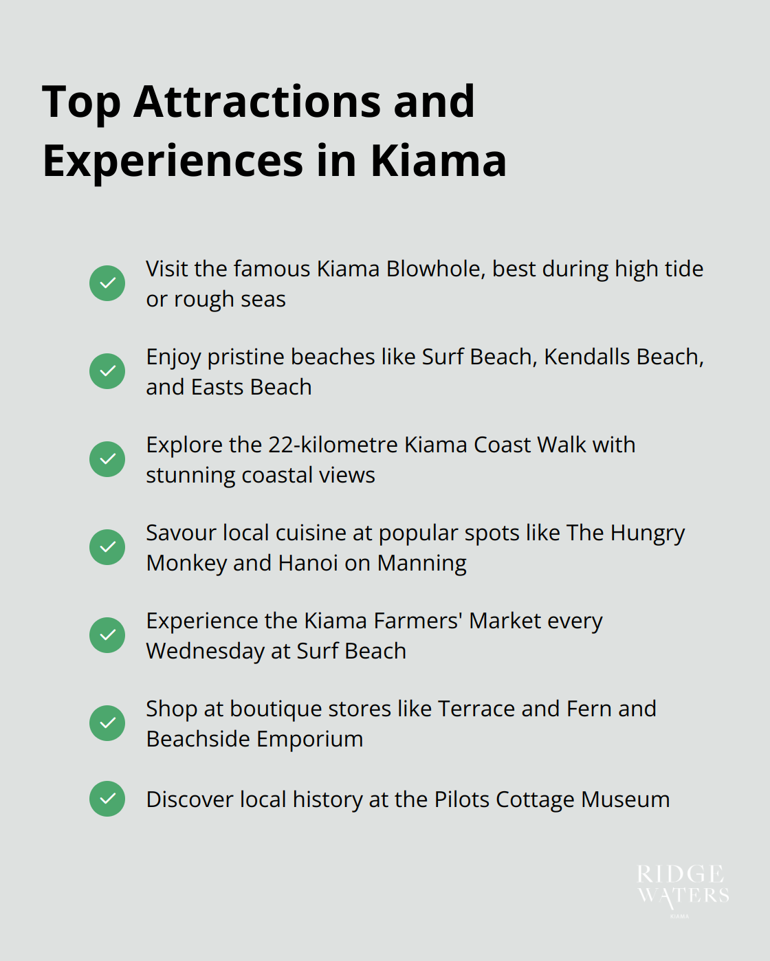 A checkmark list chart highlighting key attractions and experiences in Kiama, including the Blowhole, beaches, Kiama Coast Walk, local cuisine, farmers' market, boutique shopping, and the Pilots Cottage Museum.