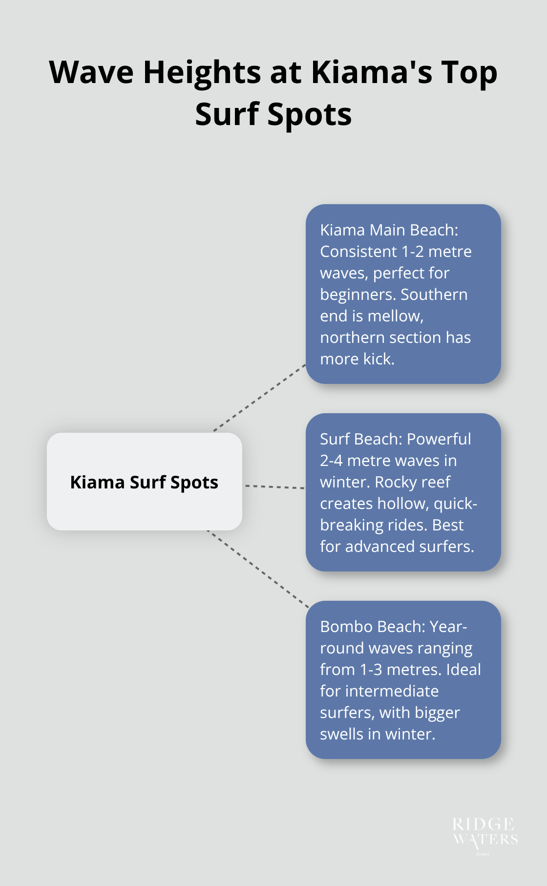 A hub and spoke chart showing wave heights at Kiama's main surf spots: Kiama Main Beach (1-2 metres), Surf Beach (2-4 metres), and Bombo Beach (1-3 metres). - Kiama surfing
