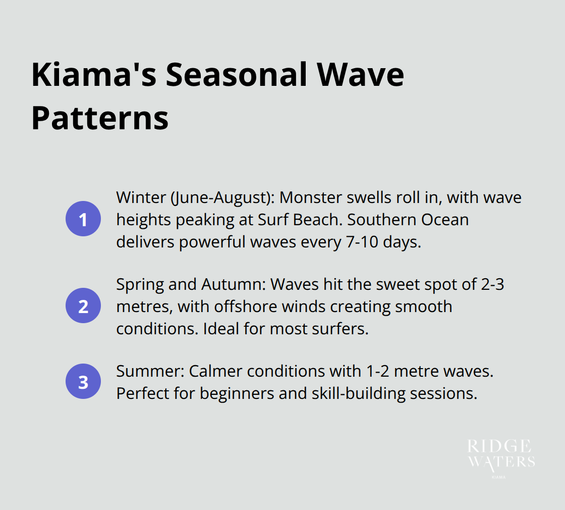 An ordered list chart showing Kiama's seasonal wave patterns: Winter (June-August) with monster swells, Spring and Autumn with 2-3 metre waves, and Summer with 1-2 metre waves.