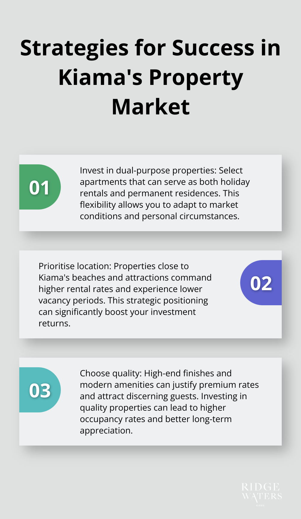 Ordered list chart showing three key strategies for success in Kiama's property market: Invest in dual-purpose properties, Prioritise location, and Choose quality - Luxury accommodation