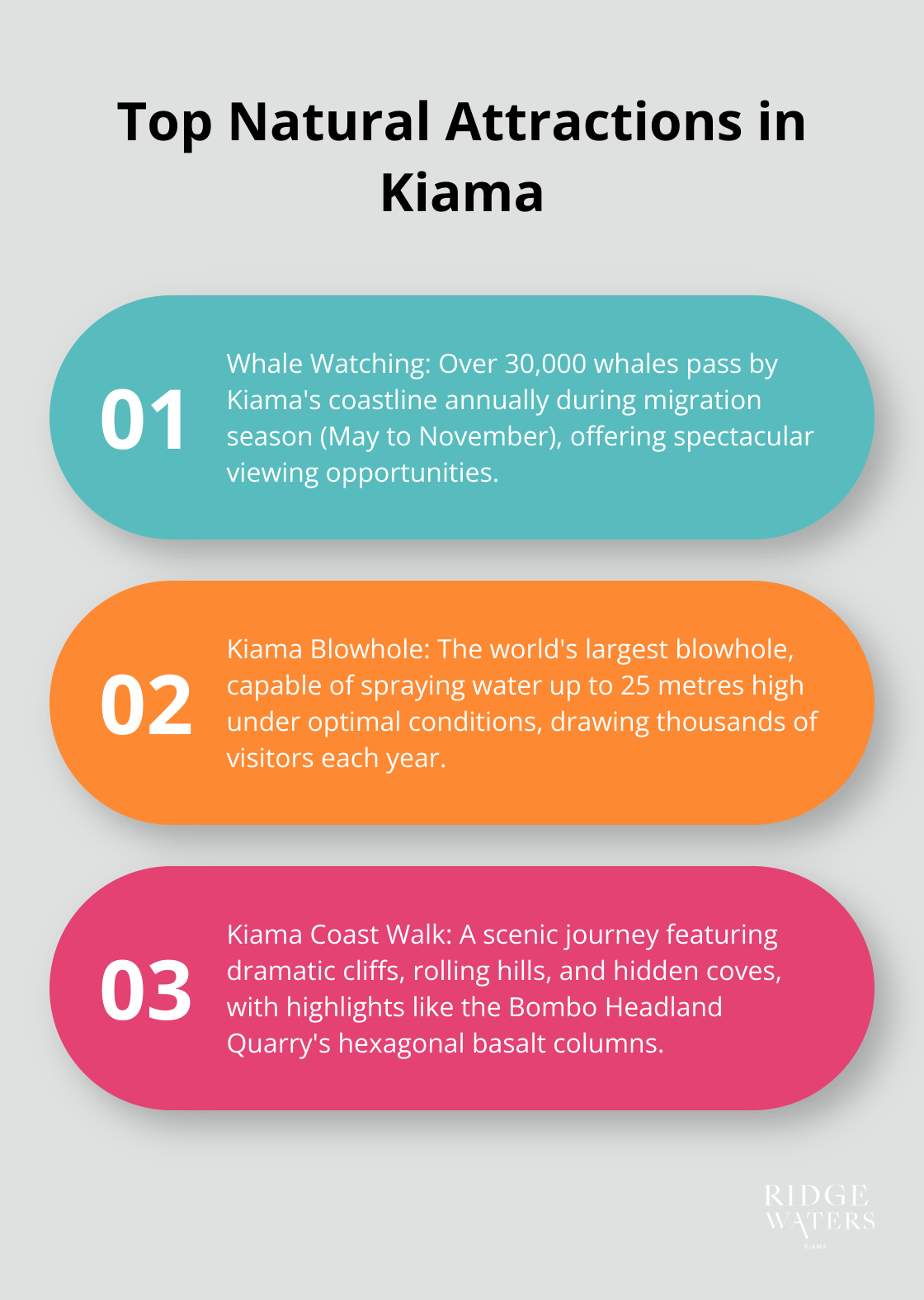An ordered list chart highlighting three top natural attractions in Kiama: whale watching, the Kiama Blowhole, and the Kiama Coast Walk.