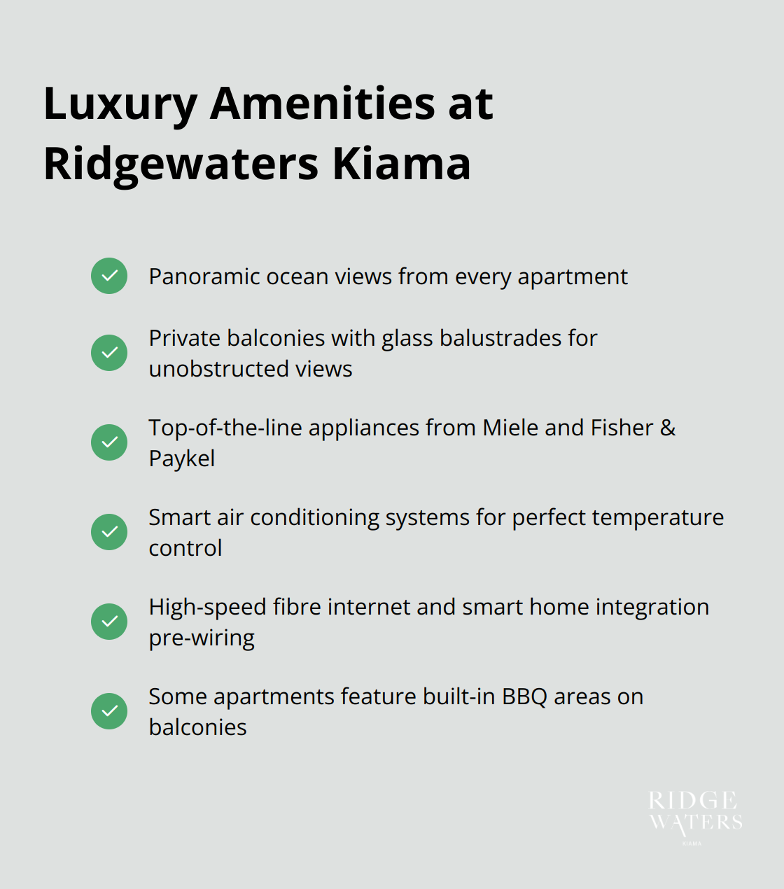 A checkmark list showcasing the luxury amenities and features of Ridgewaters Kiama apartments