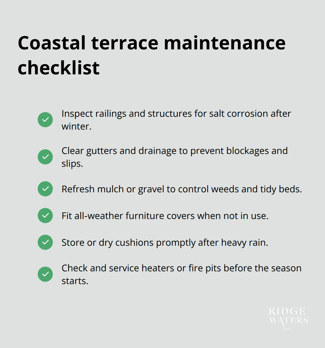 Checklist of seasonal maintenance tasks for an Australian coastal terrace.
