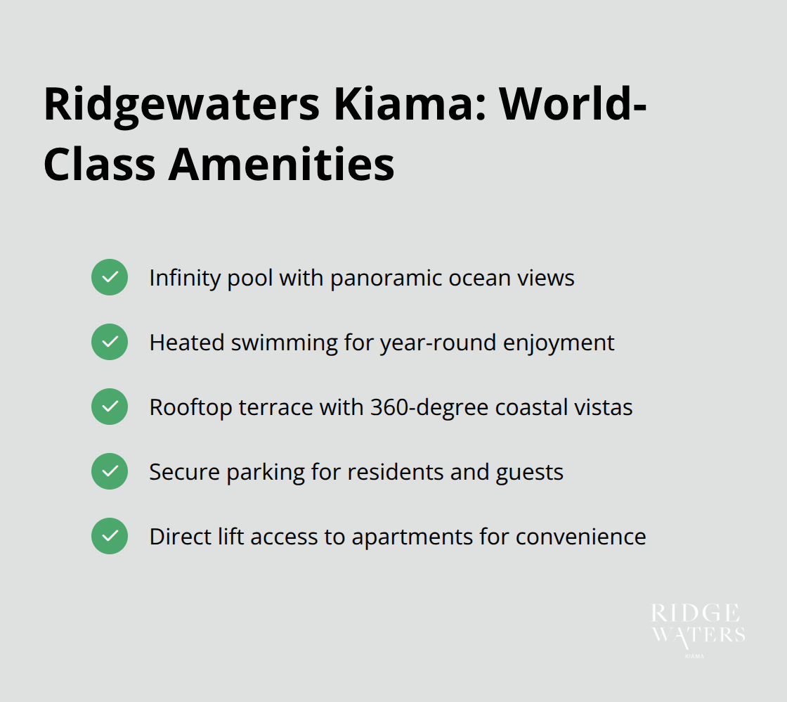 A checkmark list chart highlighting five key amenities at Ridgewaters Kiama: infinity pool, heated swimming, rooftop terrace, secure parking, and direct lift access.