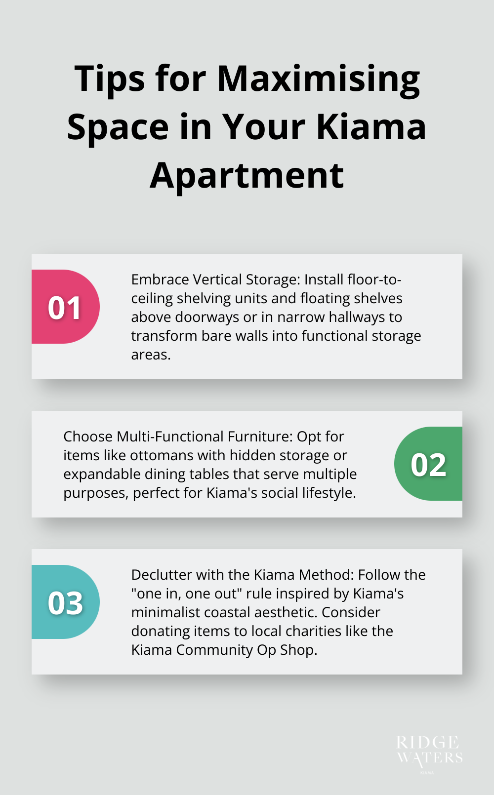 Ordered list chart presenting three tips for maximising space in a Kiama apartment - Retirement downsizing