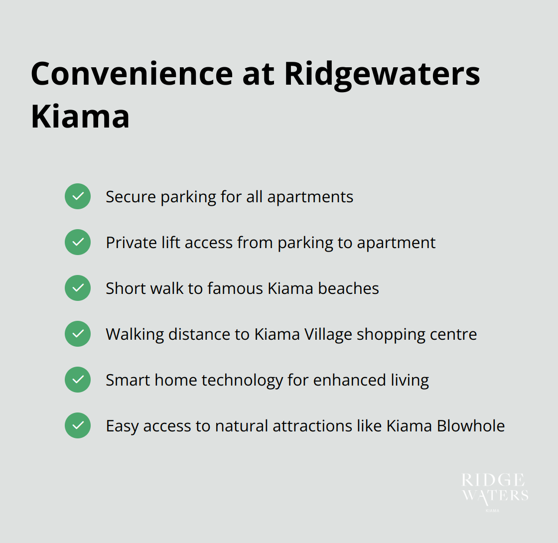 Checkmark list of convenient features and nearby attractions at Ridgewaters Kiama, including secure parking, private lift access, proximity to beaches, shopping centre access, smart home technology, and natural attractions.