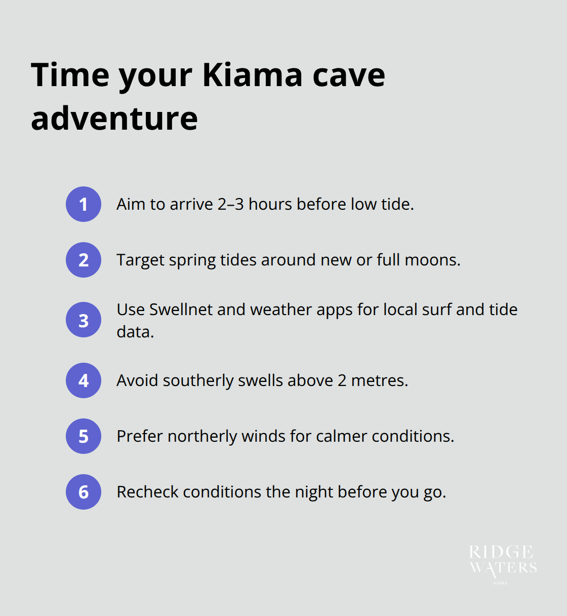 Compact checklist of timing tips for safely exploring Kiama sea caves