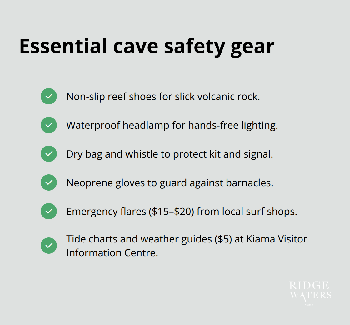 Checkmarked list of must-have gear for Kiama sea cave exploring
