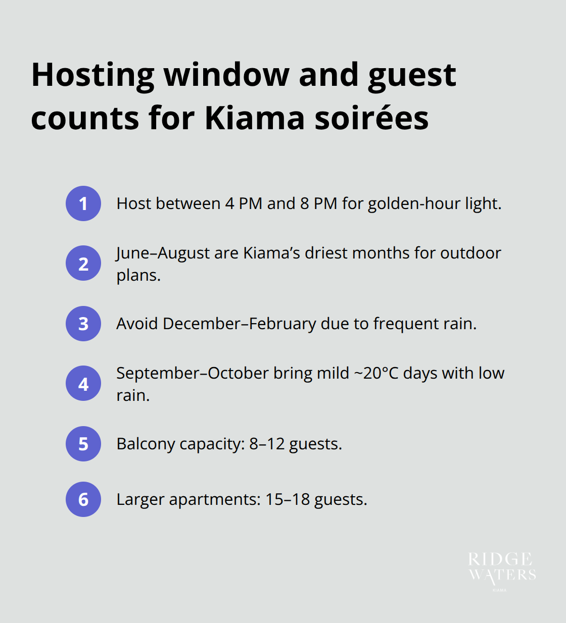 Quick guide to best times and guest limits in Kiama, Australia