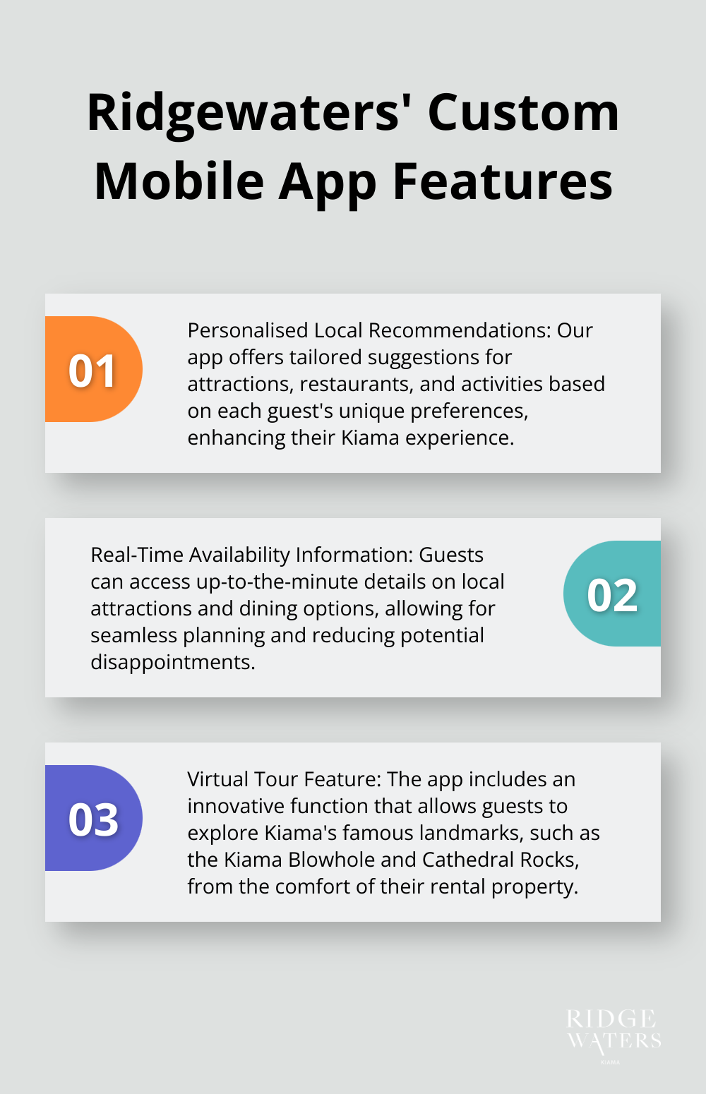 An ordered list chart showcasing three key features of Ridgewaters' custom mobile app: personalised recommendations, real-time availability information, and virtual tour feature.