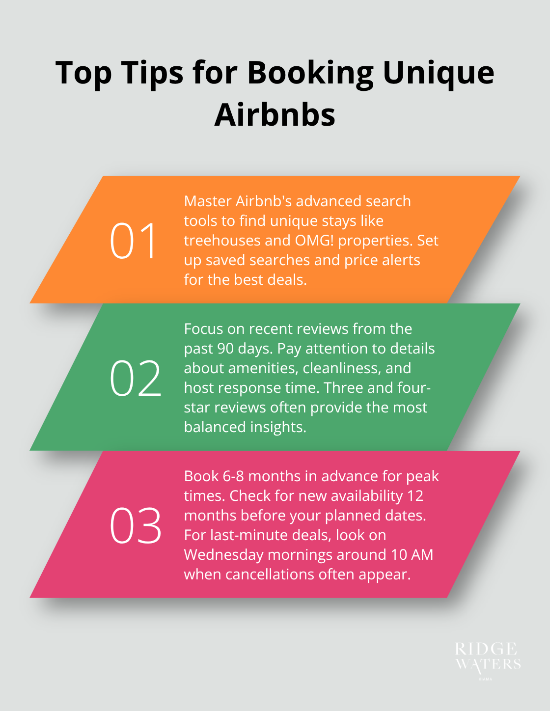 Chart listing three tips for booking unique Airbnb stays: use advanced search, read recent reviews, and book early - airbnb unique stays