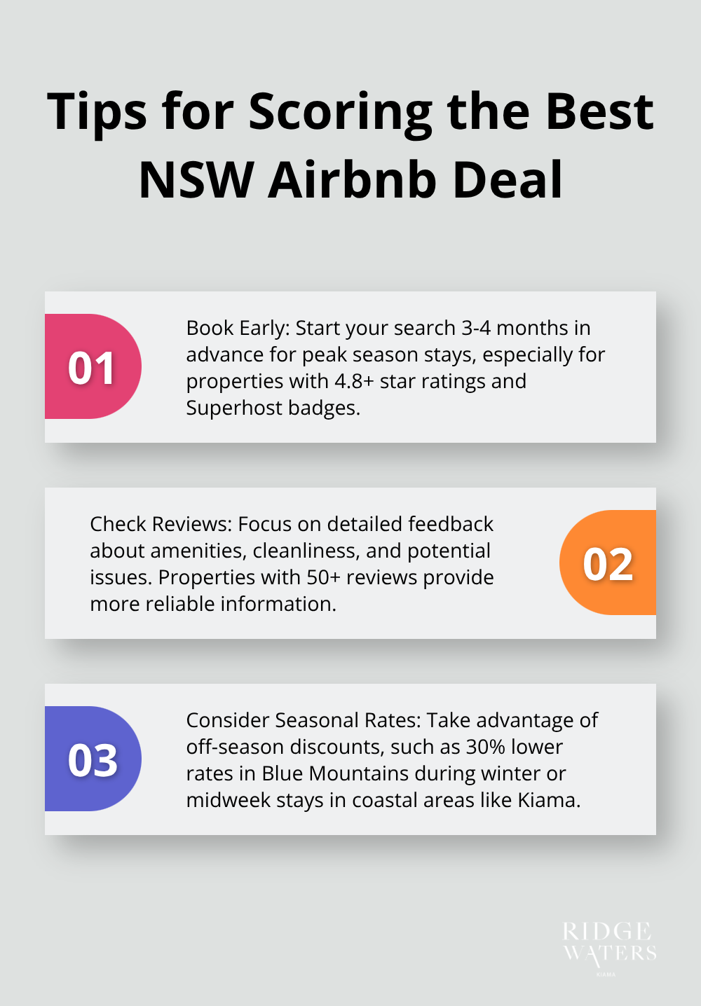 An ordered list chart showing three tips for getting the best deal on NSW Airbnb stays: Book early for peak seasons, check reviews thoroughly, and consider seasonal rate fluctuations. - airbnb unique stays nsw