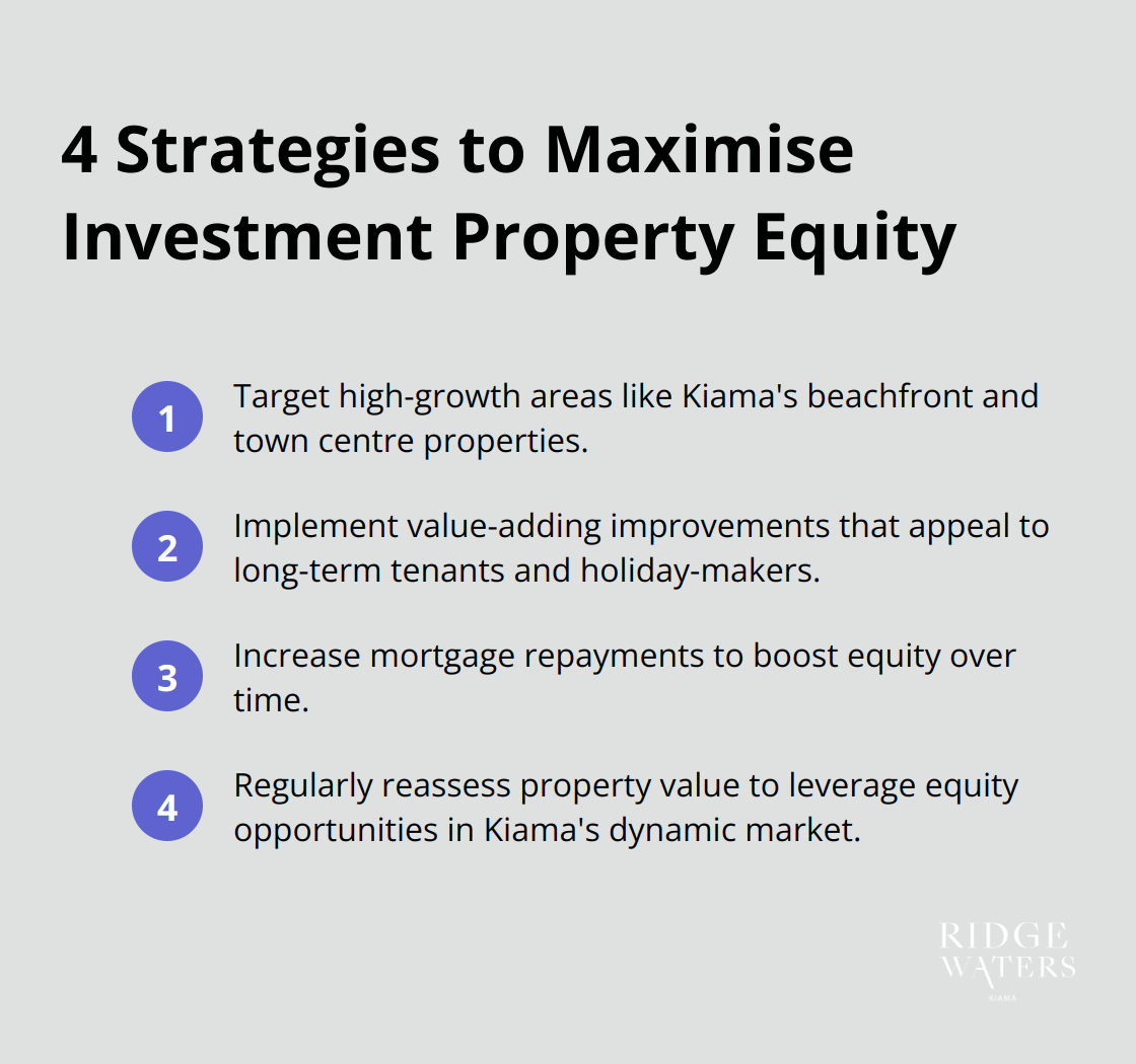 A list of four strategies to maximise investment property equity in Kiama: target high-growth areas, implement value-adding improvements, increase mortgage repayments, and regularly reassess property value. - buy investment property with equity
