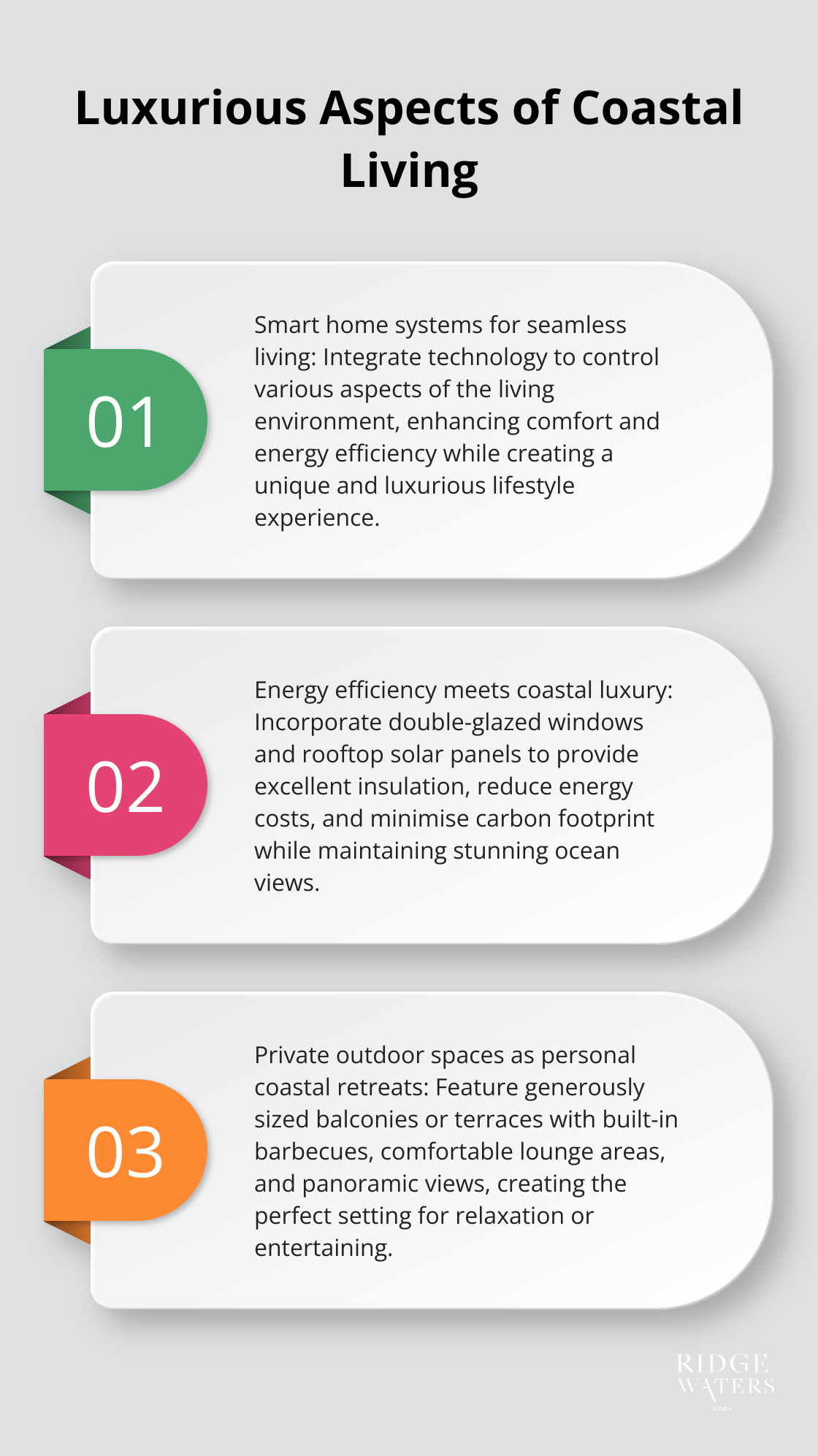 An ordered list chart highlighting three luxurious aspects of coastal living: smart home systems for seamless living, energy efficiency meeting coastal luxury, and private outdoor spaces as personal coastal retreats. - contemporary coastal homes