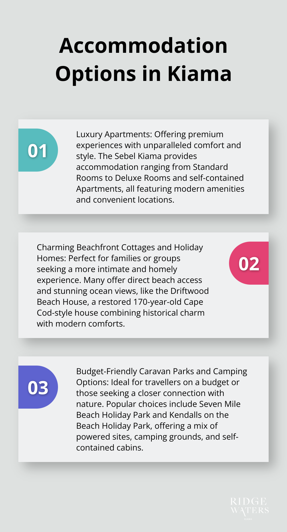 An ordered list chart presenting three main types of accommodation available in Kiama - holiday accommodation in kiama nsw