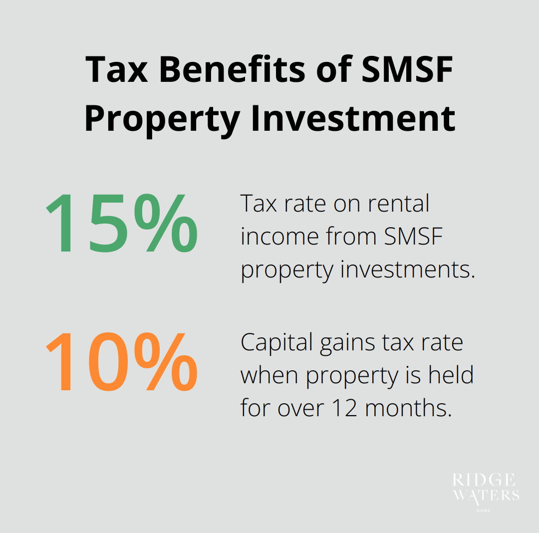 Chart showing tax rates for SMSF property investments: 15% tax on rental income and 10% capital gains tax rate - how to buy property using super
