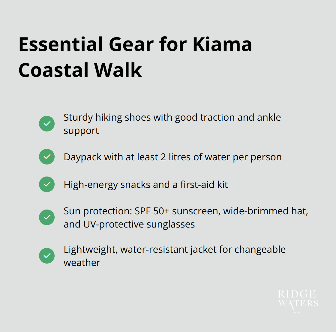 Checkmark list chart showing essential gear items for the Kiama Coastal Walk journey. - kiama coastal walking track map