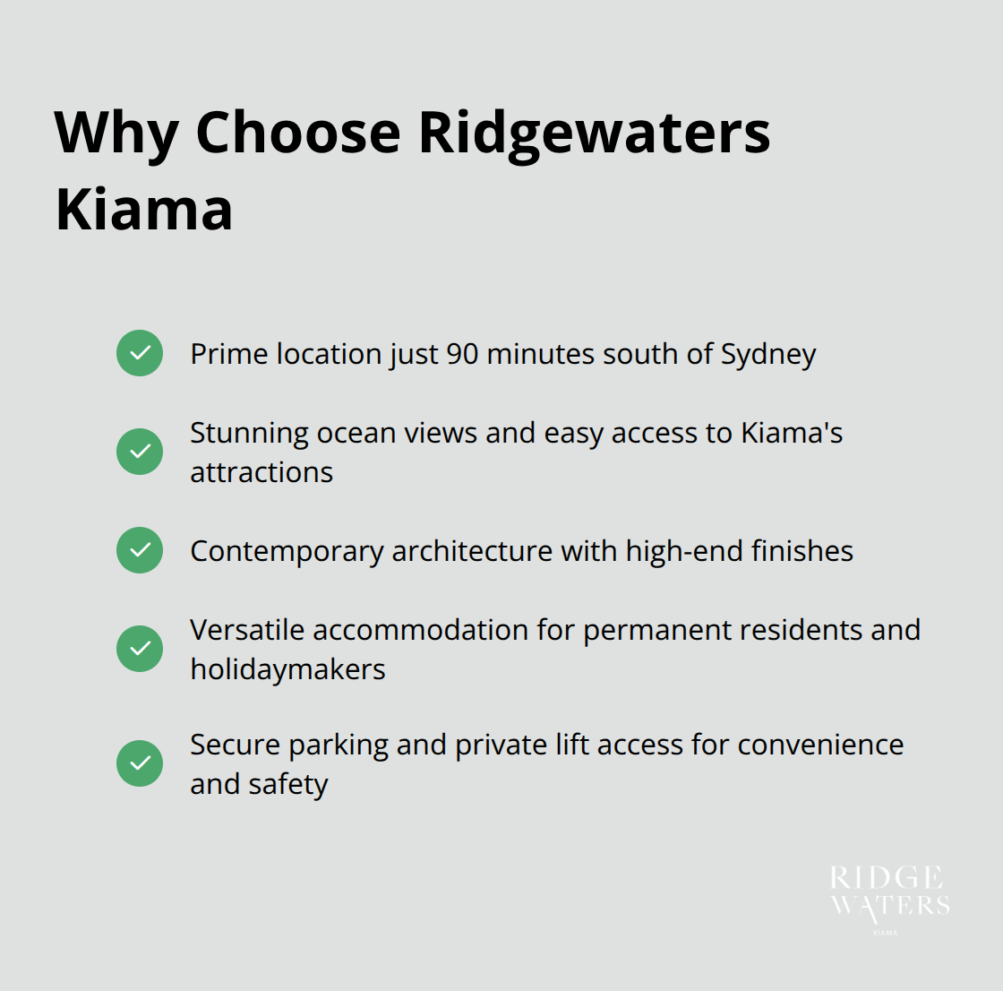 Checkmark list showing the key features and benefits of Ridgewaters Kiama - luxury accommodation Kiama NSW