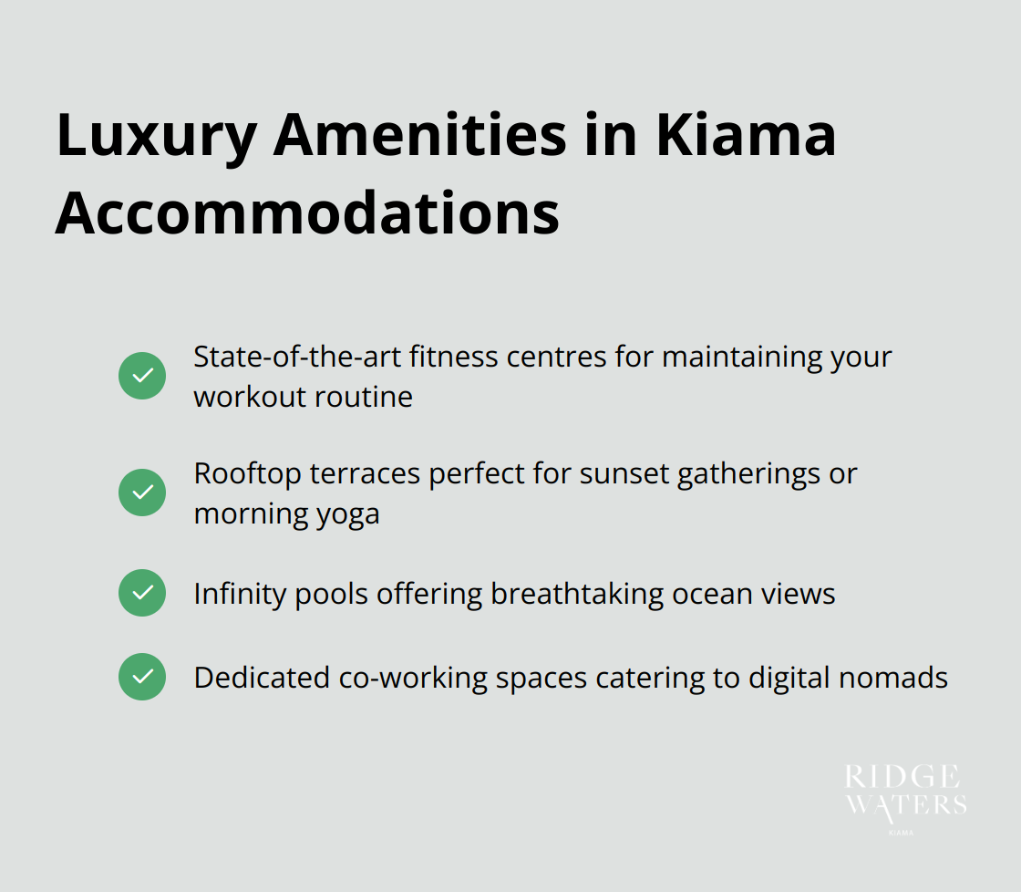 Checklist of luxury amenities available in Kiama accommodations, including state-of-the-art fitness centres, rooftop terraces, infinity pools, and dedicated co-working spaces. - luxury accommodation in Kiama